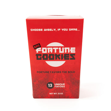 Front of box of fortune cookies with hilarious messages.