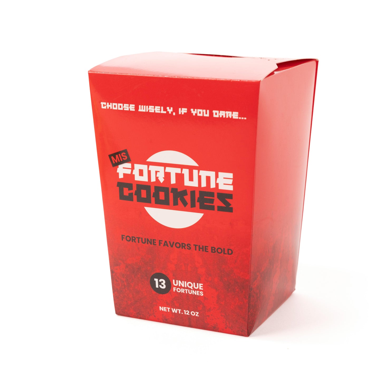 Front angle of box of fortune cookies with hilarious messages.