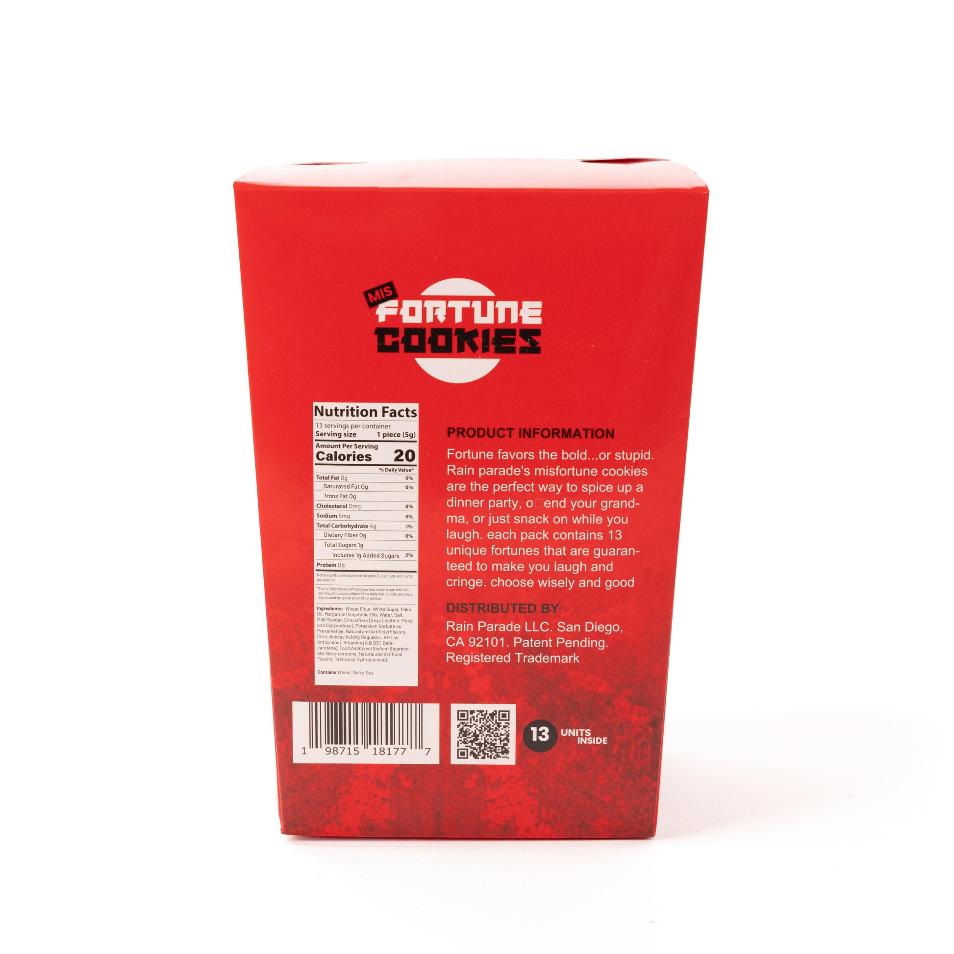 Back of box of fortune cookies with hilarious messages. Shows ingredients, and product information.