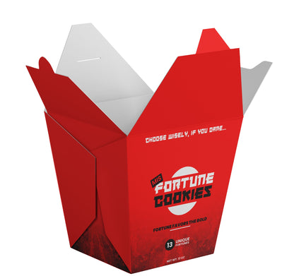 Front angle of open box of fortune cookies with hilarious messages.